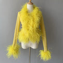 Cassie Sheer Long Sleeve Cardigan with Feather Collar and Sleeve Trim