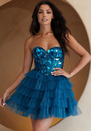 Fauna Strapless Sweetheart Neck Mirror Applique Corset Bodice Tiered Glitter Tulle Mini Dress