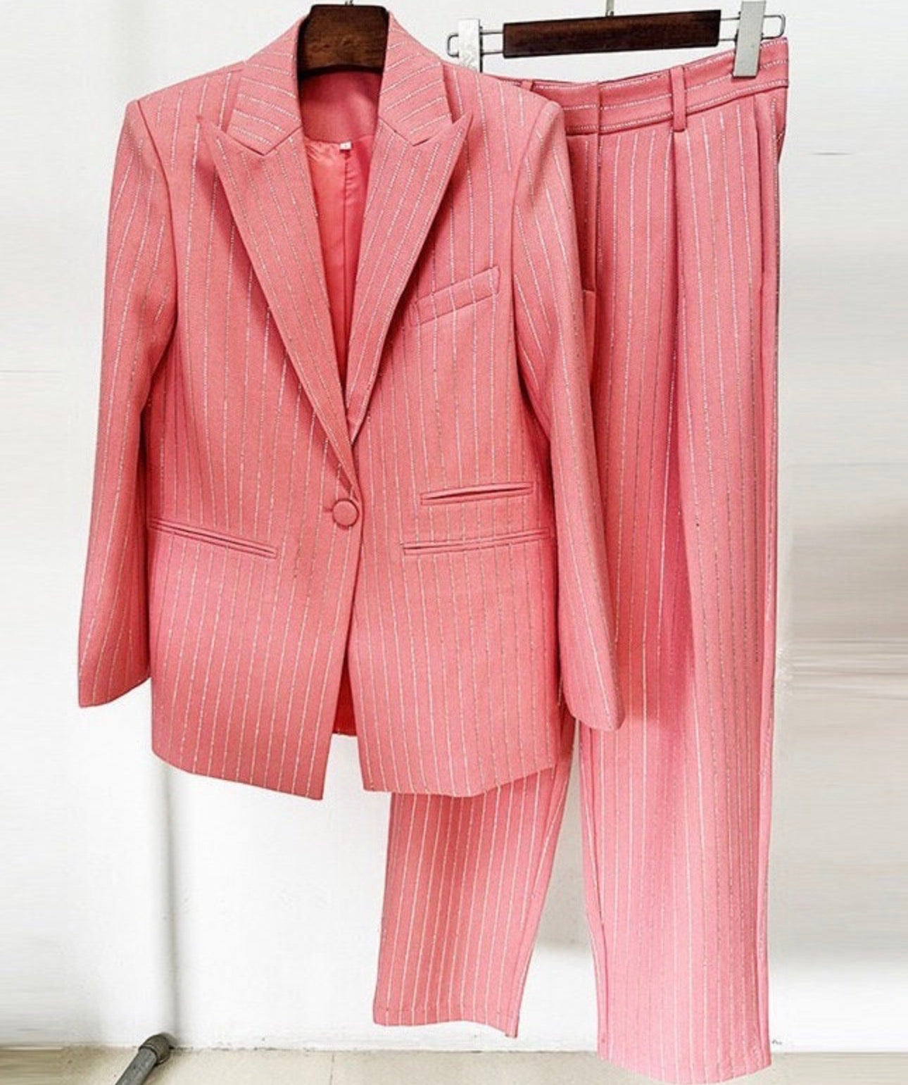 Lita Salmon Rhinestone Pinstripe Blazer and Pant Set