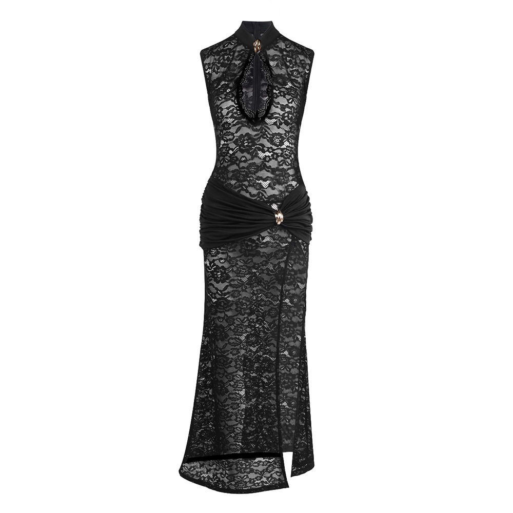 Tajay Black Lace Keyhole Mock Neck High Slit Maxi Dress