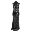 Tajay Black Lace Keyhole Mock Neck High Slit Maxi Dress