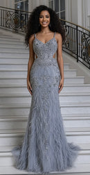 Naomi Sleeveless Silver Bead Feather Embellished Side Mesh Cutout Gown