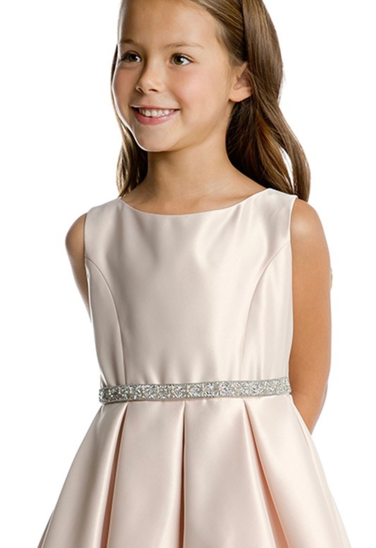 Asai Girls Pleated Satin Peekaboo Tulle Knee Length Dress with Jewel Belt