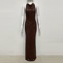 Matissa Mocha Sleeveless Draped Halter Crystal Embellished Razor Back Maxi Dress