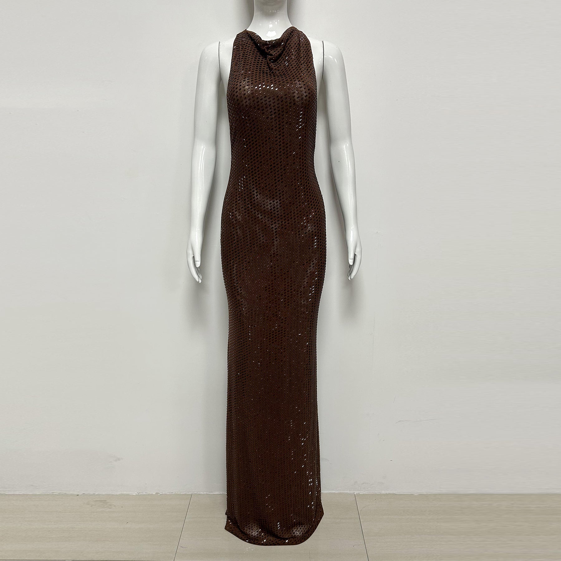 Matissa Mocha Sleeveless Draped Halter Crystal Embellished Razor Back Maxi Dress