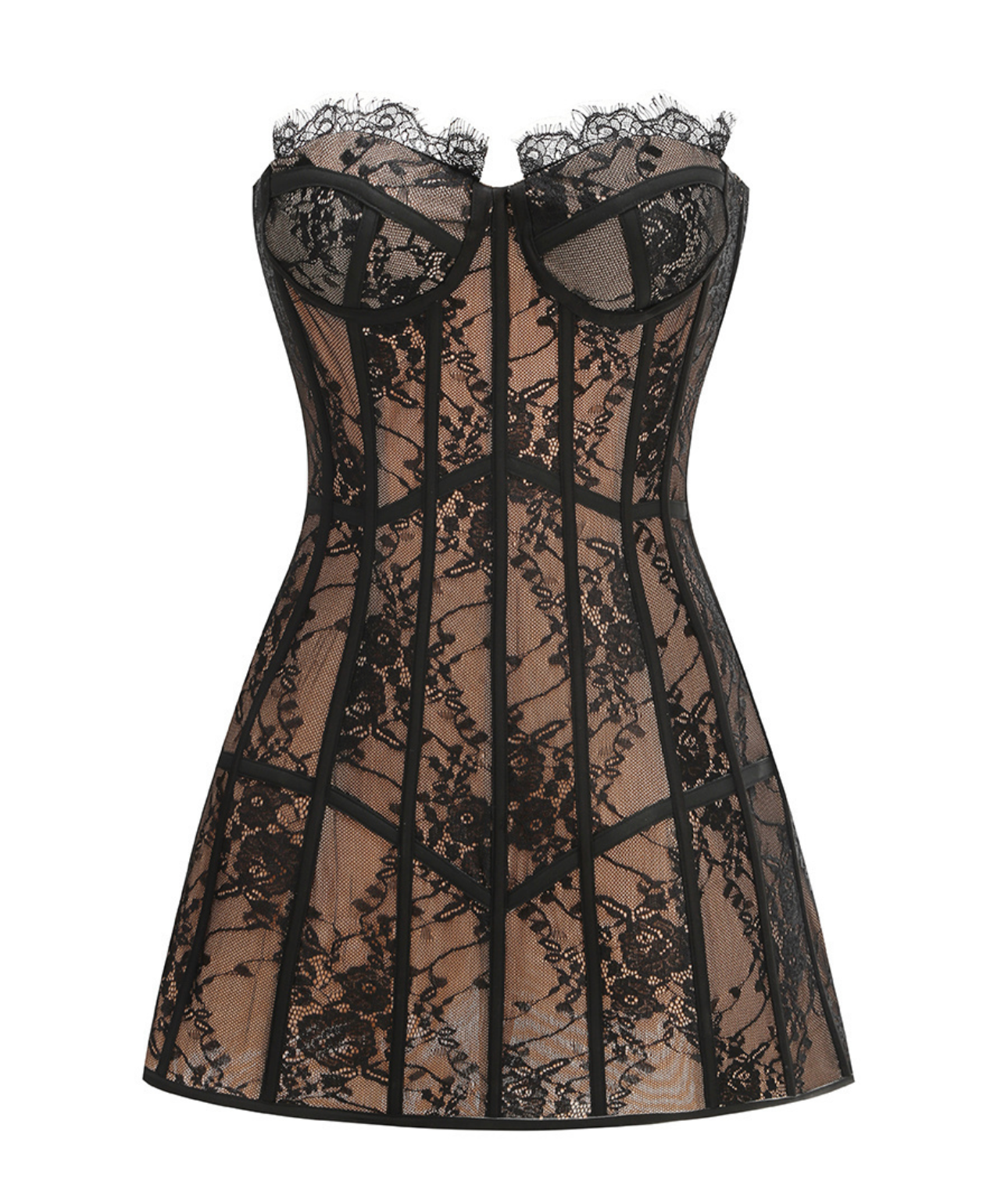 Miley Strapless Sweetheart Neck Black Lace Nude Lining Mini Dress