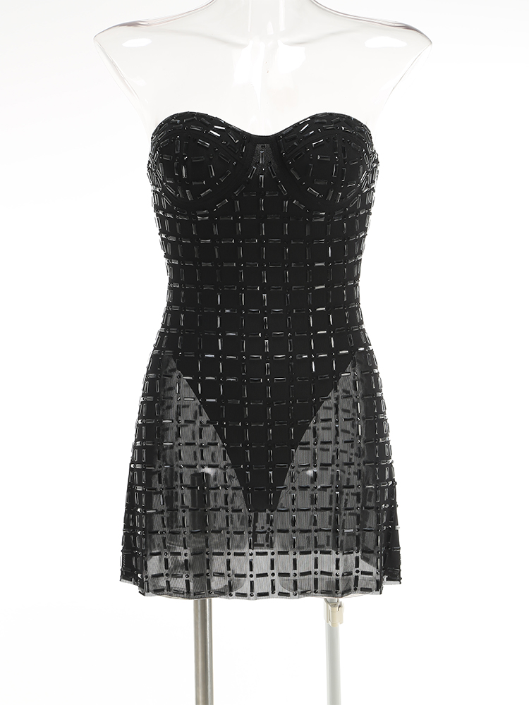 after hours sheer mesh embellished mini dress in black Oh Polly After Hours Sheer Mesh Embellished Mini