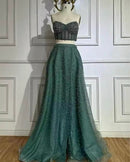 Mila Teal Crystal Bead Embellished Corset Crop Top and ALine Full Skirt Set Gown