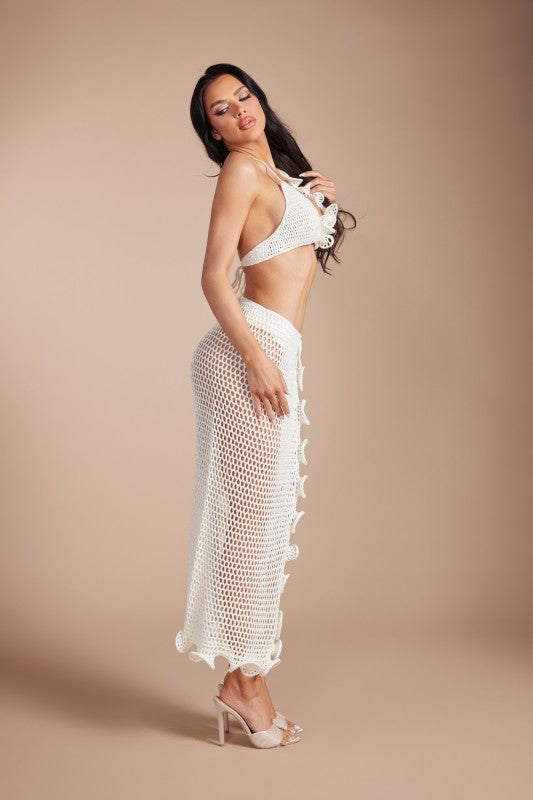 Bella Ivory Crochet Ruffle Bikini & High Slit Skirt Set