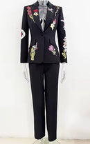 Roma Black Embroidered Graphic Blazer and Pant Suit