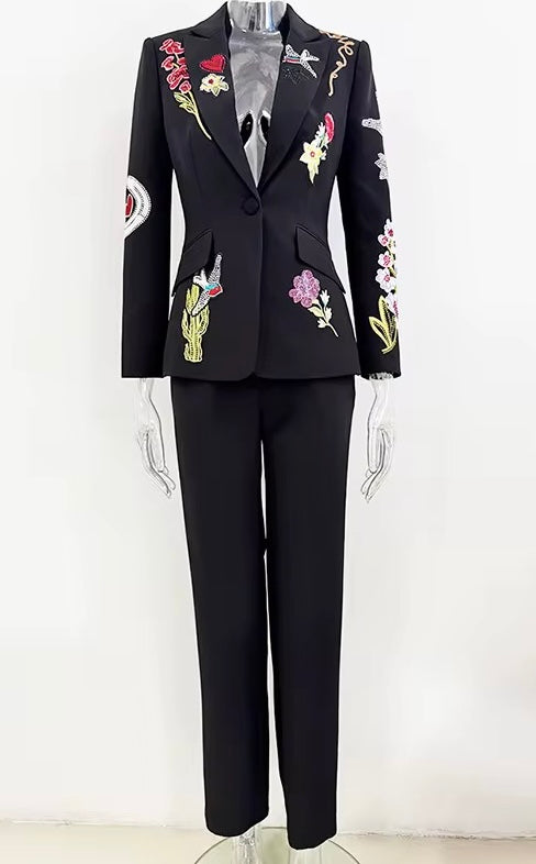 Roma Black Embroidered Graphic Blazer and Pant Suit