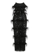 Paloma Black Strapless Sequin Feather Midi Dress