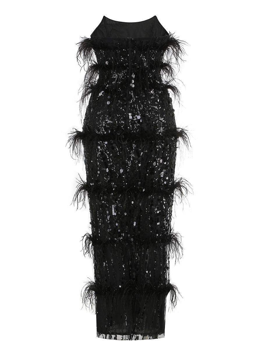 Paloma Black Strapless Sequin Feather Midi Dress
