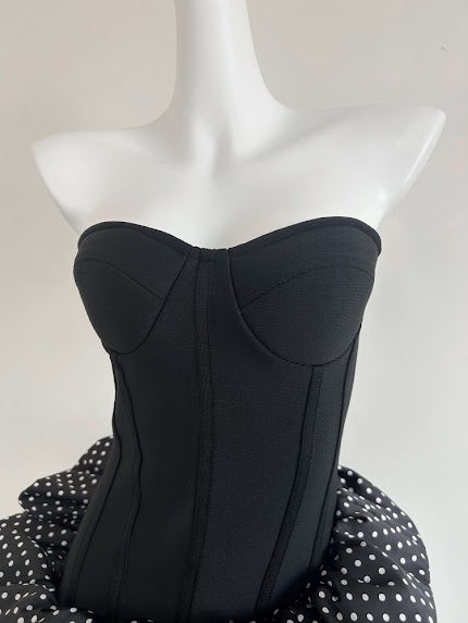 Mallory Black Strapless Corset White Polka Dot Ruffled Asymmetrical Mini Dress