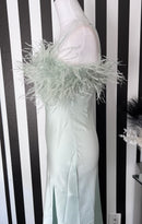 Chelsea Mint Sleeveless Feather Trim Satin Maxi Dress