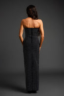 Aviana Black Strapless Rhinestone Trim Deep V and Rhinestone Embellished Maxi Dress