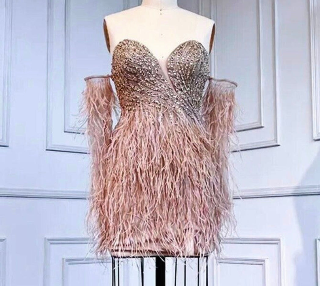 Martine Beaded Off Shoulder Feather Embellished Mini Dress