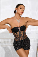 Teagan Strapless Sequin Crystal Embellished Mesh Corset Romper with Rhinestone Trim Cutout Blazer