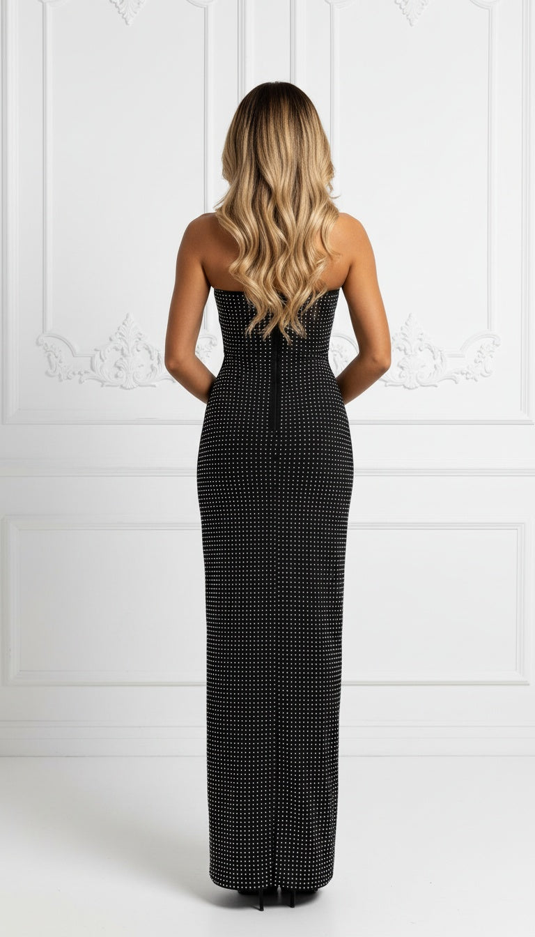 Aviana Black Strapless Rhinestone Trim Deep V and Rhinestone Embellished Maxi Dress