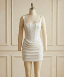 Avyn White Sleeveless Sequin Lace Up Corset Draped Waist Mini Dress