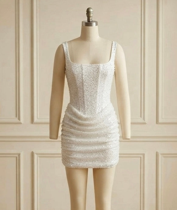 Avyn White Sleeveless Sequin Lace Up Corset Draped Waist Mini Dress