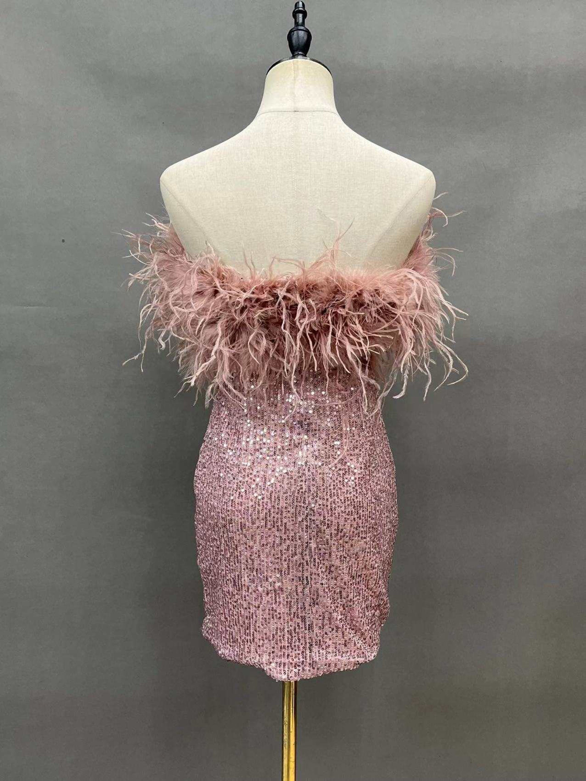 Devin Blush Sequin Mini Dress with Feather Trim