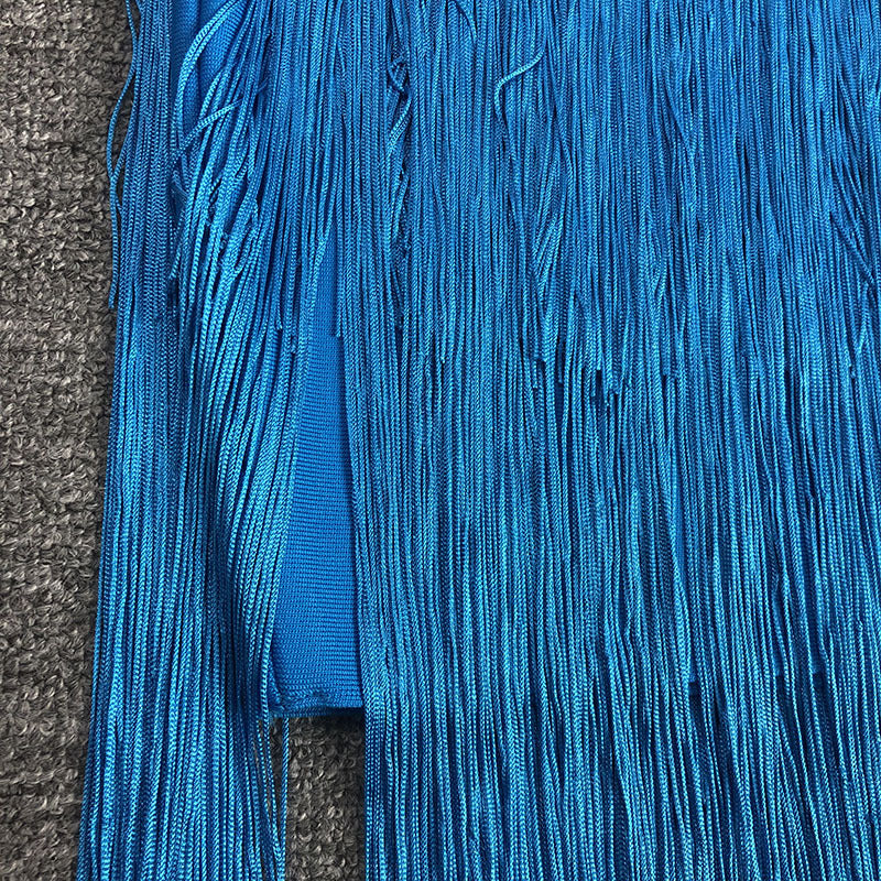 Mariah Blue Strappy Fringe Halter Crop Top and Fringe Maxi Skirt