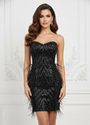 Marishka Black Strapless Sequin Bead and Feather Embellished Mini Dress