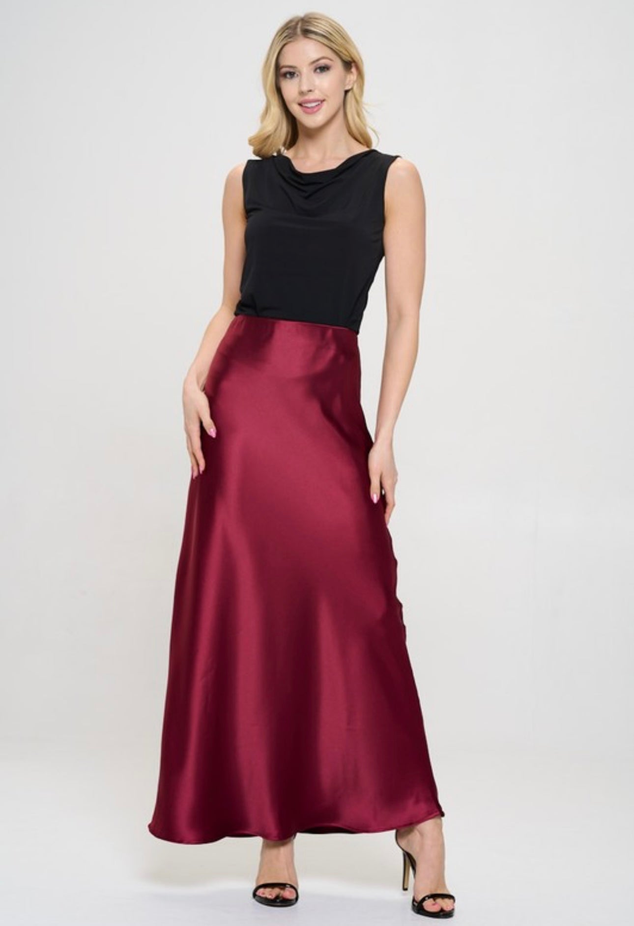 Lila Burgundy Satin Maxi Skirt