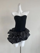 Mallory Black Strapless Corset White Polka Dot Ruffled Asymmetrical Mini Dress