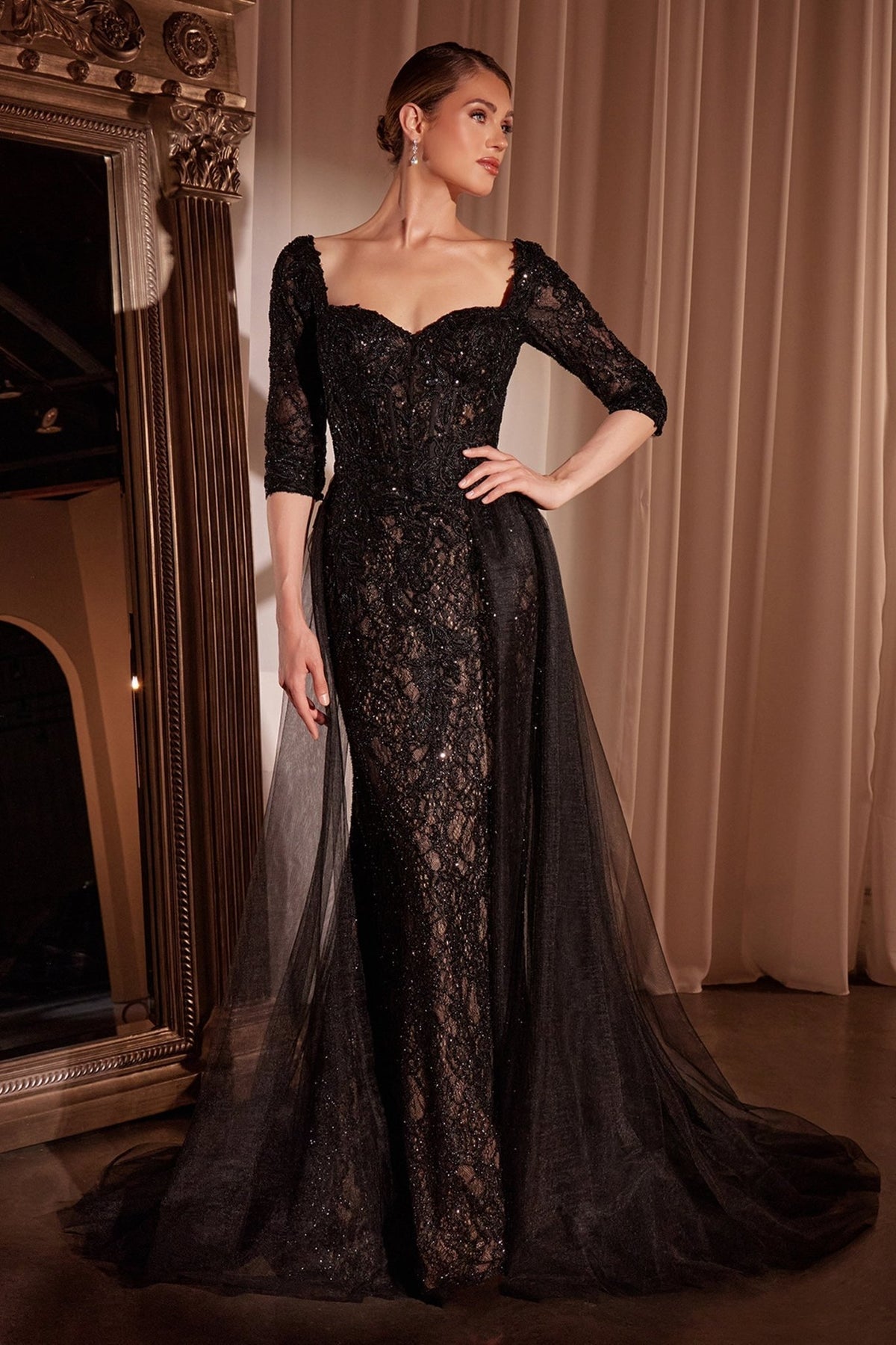 Maci 3/4 Sleeve Beaded Gown with Detachable Overskirt