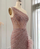 Vanina Blush One Shoulder Sequin Ostrich Feather Trim High Slit Gown