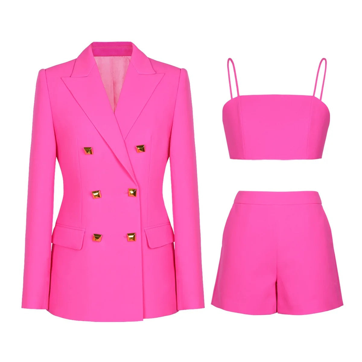 Jade Blazer, Bralette and Shorts Set with Gold Button Details