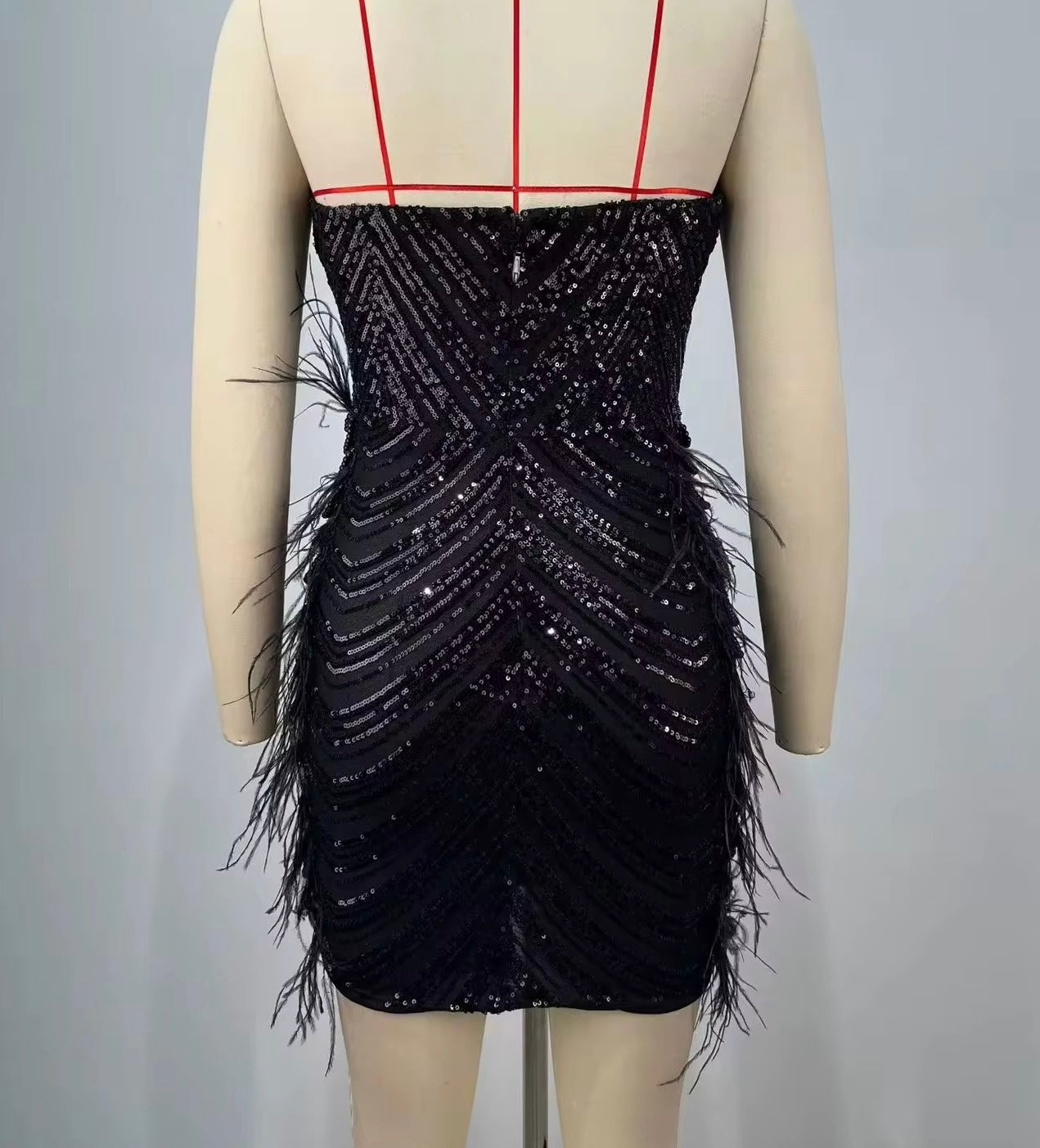 Marishka Black Strapless Sequin Bead and Feather Embellished Mini Dress