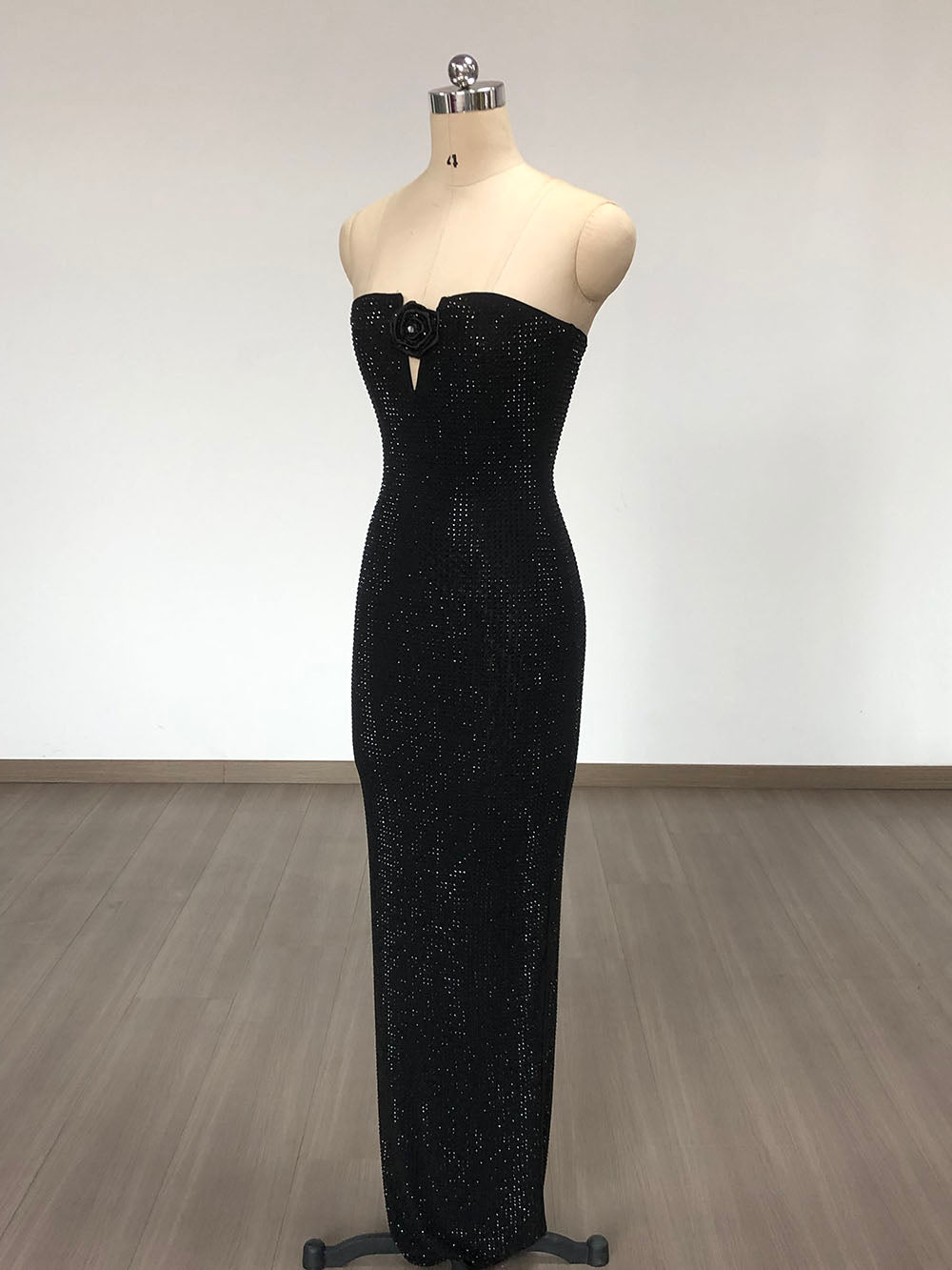 Marsella Black Strapless Crystal Embellished Rose Appliqué Maxi Dress