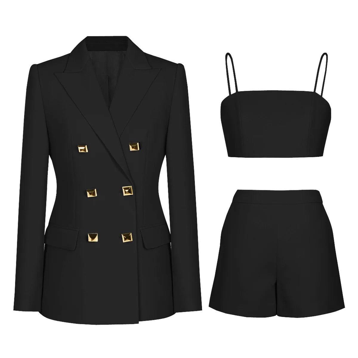 Jade Blazer, Bralette and Shorts Set with Gold Button Details