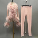 Nora Mesh Feather Bolero Cardigan and Mesh Pants Set