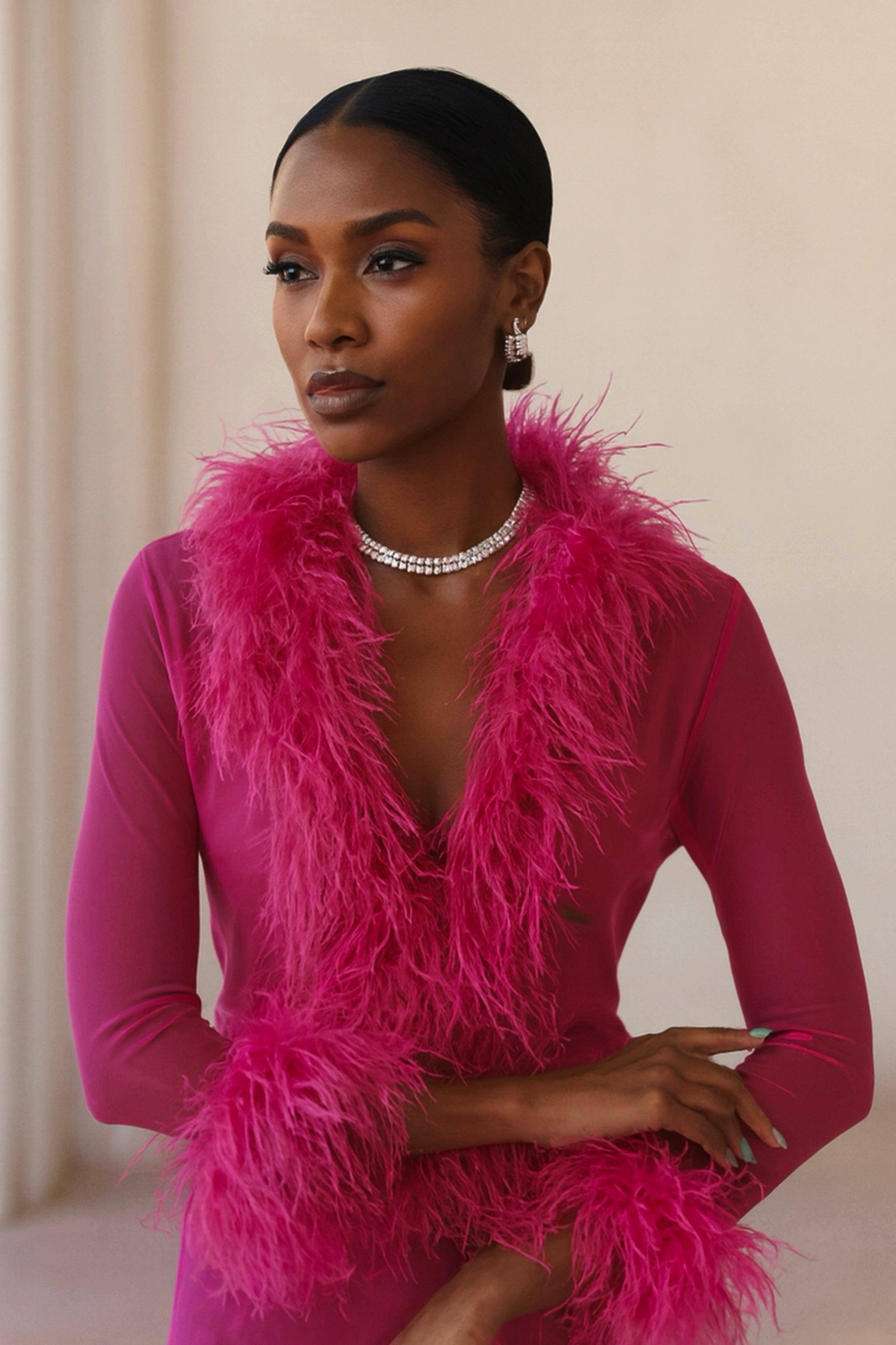 Cassie Sheer Long Sleeve Cardigan with Feather Collar and Sleeve