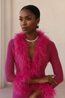 Cassie Sheer Long Sleeve Cardigan with Feather Collar and Sleeve Trim