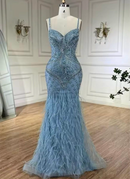 Odeya Blue Beaded Feather Embellished Mermaid Gown