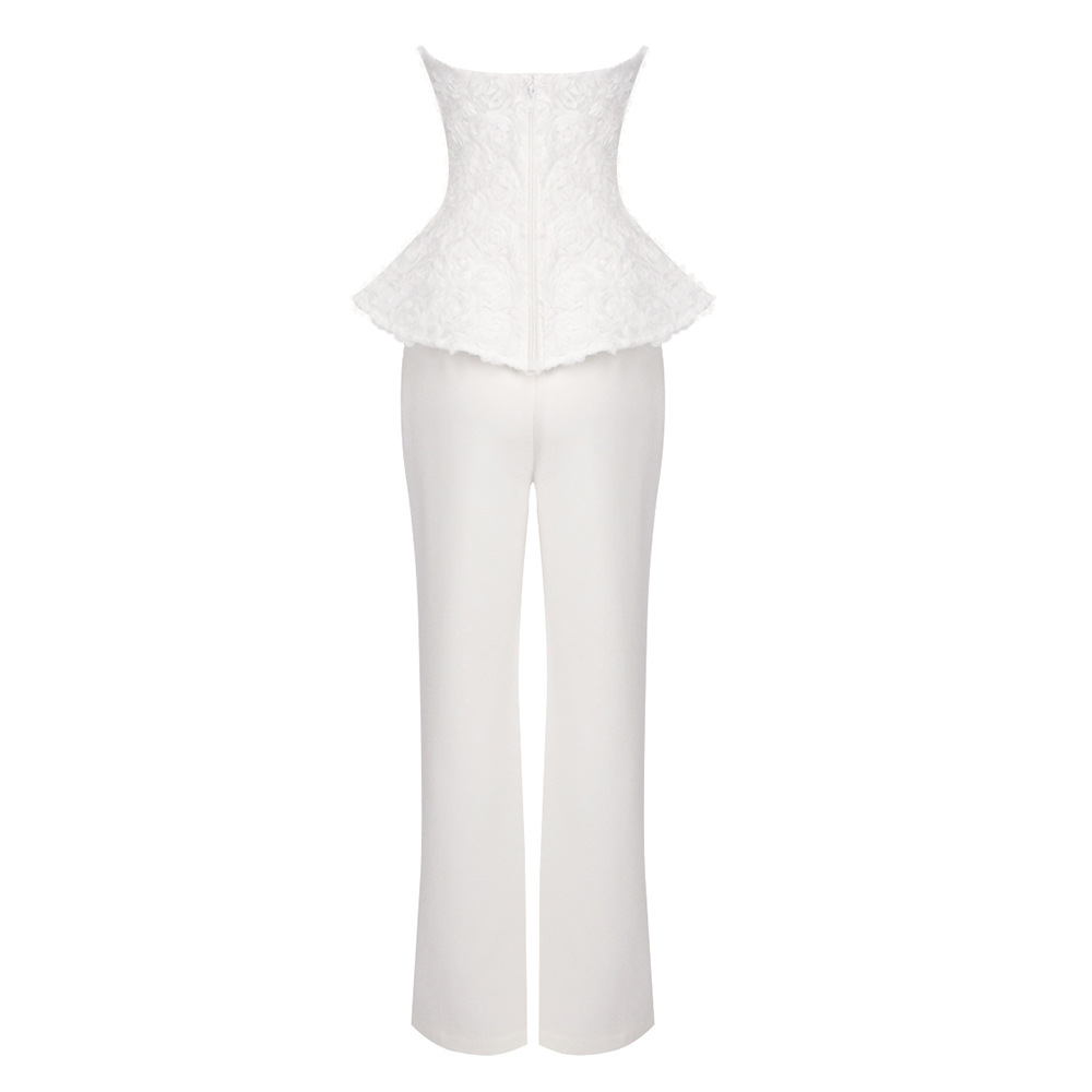 Roma Strapless White 3D Rose Appliqué Peplum Top and Pant Set
