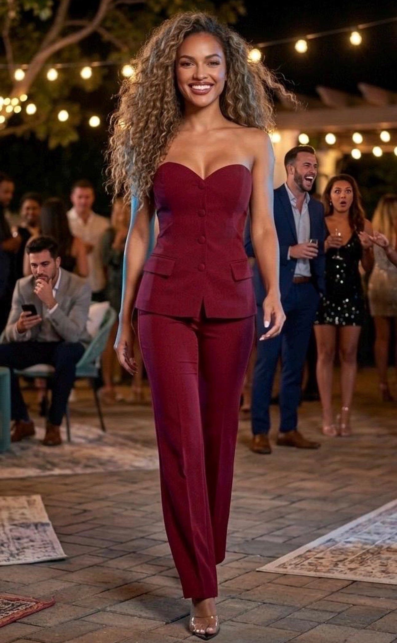 Kinsley Burgundy Strapless Sweetheart Neck Button Up Top and Pant Set