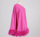 Kennedy One Shoulder Cape Dress with Ostrich Feather Trim