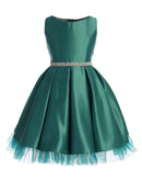 Asai Girls Pleated Satin Peekaboo Tulle Knee Length Dress with Jewel Belt