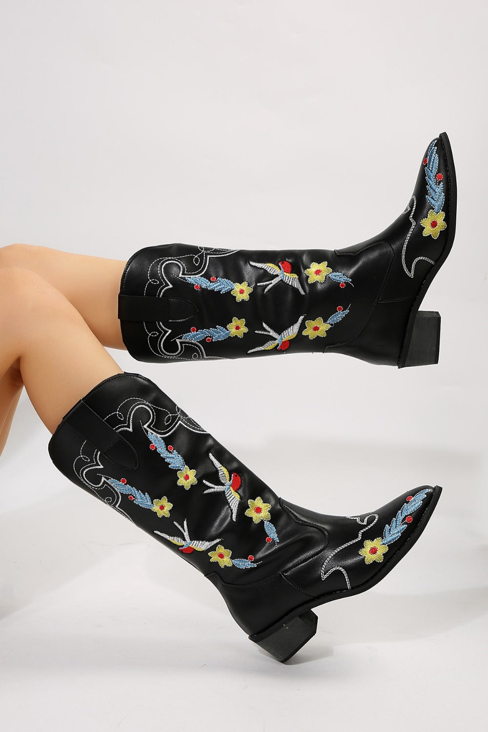 Black Floral Embroidered Point Toe Block Heel Cowboy Boots