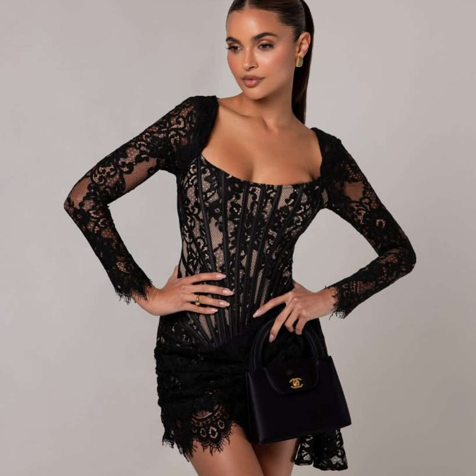 Vanessa Long Sleeve Black Lace Corset Draped Mini Dress