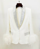 Cinda Rhinestone and Feather Embellished Blazer and Pant Set