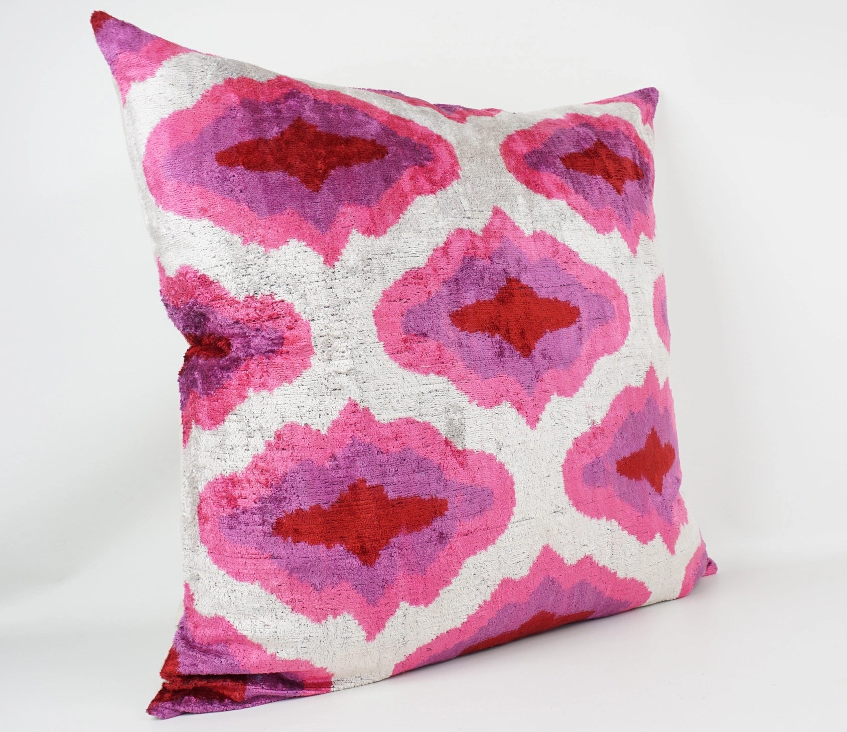 Handmade Pink, Purple, White Ikat Silk/Velvet Pillowcase 24"x24"