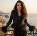 Cassie Sheer Long Sleeve Cardigan with Feather Collar and Sleeve Trim