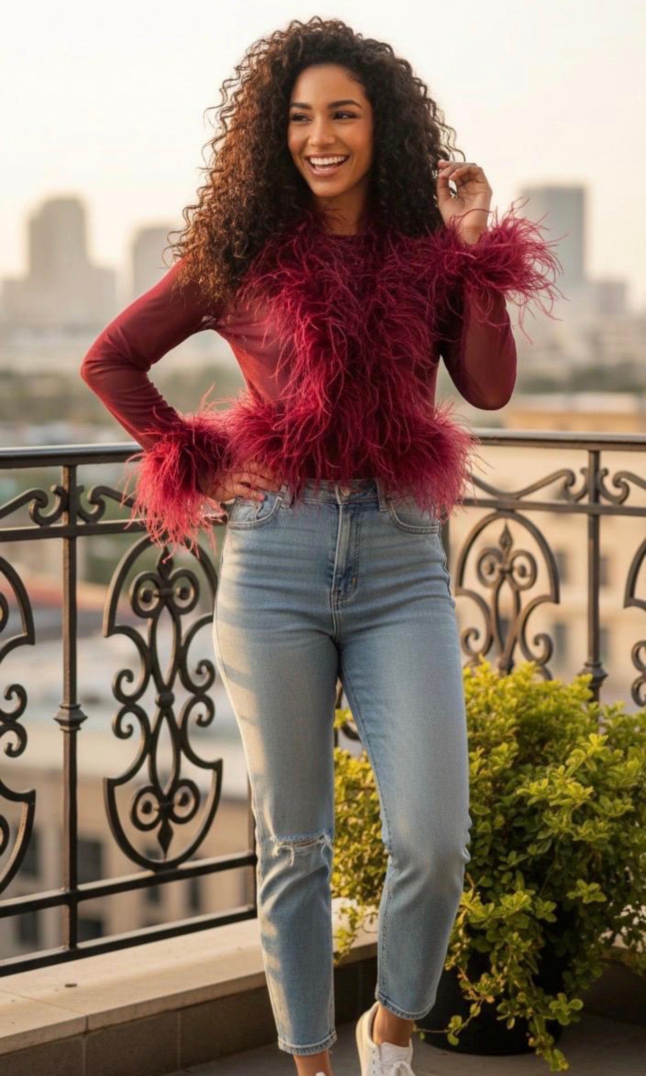 Cassie Sheer Long Sleeve Cardigan with Feather Collar and Sleeve Trim